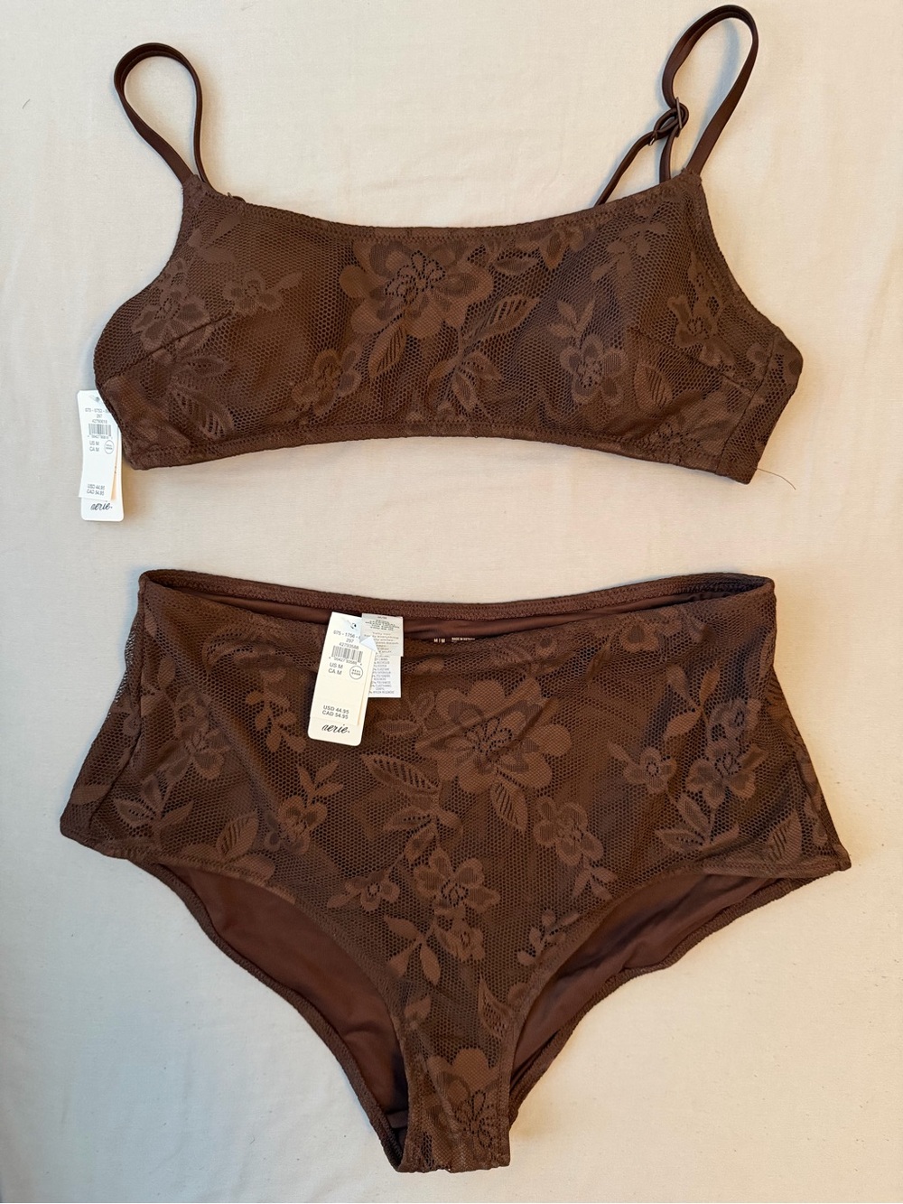NWT aerie Brown Floral Mesh Bikini Set